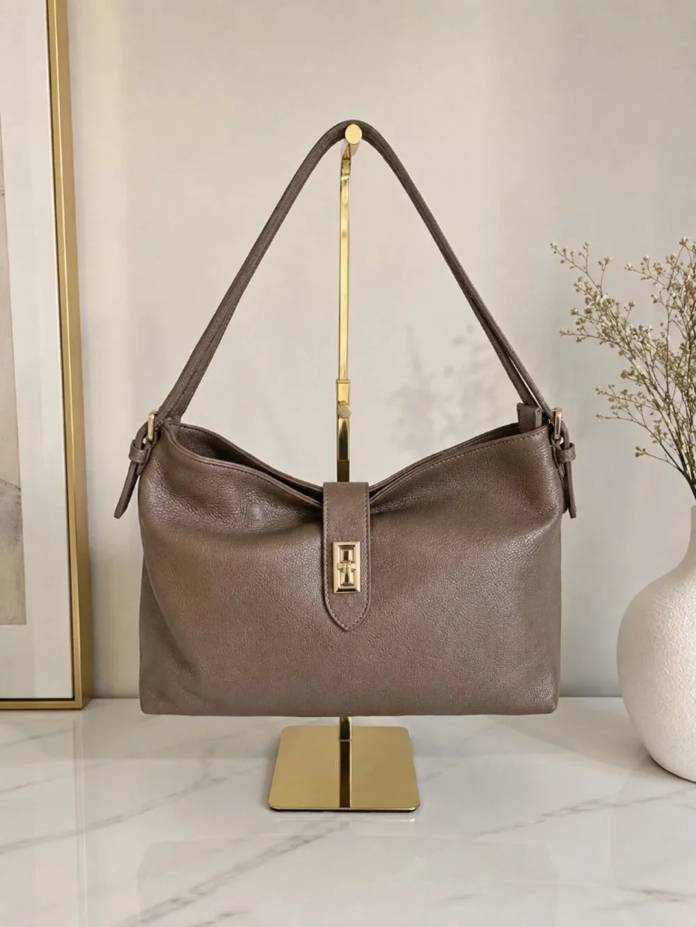 Taupe Genuine Leather Shoulder Bag, Italian Leather Handbag, Medium Hobo Bag